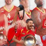 Calderón y Marc riegan en cerveza a Juan Carlos Navarro, que sostiene el trofeo de campeones del Eurobasket