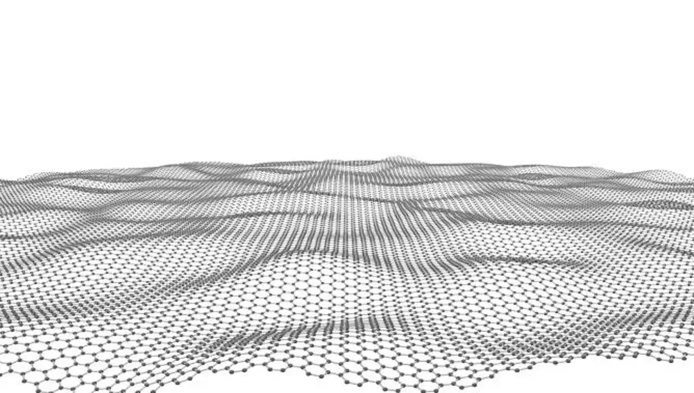 Representación visual de una lámina de grafeno. En ella, cada punto es un átomo de carbono, y las líneas que los unen están en realidad formadas por electrones que viajan libremente por toda la red. La lámina tiene un espesor de un solo átomo, y el movimiento puede hacerla oscilar como una sábana al viento.