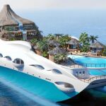 «TROPICAL ISLAND PARADISE» es el no va más. Este proyecto de yate de 90 metros cuenta con volcán, playa con palmeras, río con cascada, spa, gimnasio, cine y biblioteca