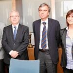 De izquierda a derecha, Eugeni Sallent, director de Televisió de Catalunya (TVC); Brauli Duart, presidente de la Corporació Catalana de Mitjans Audiovisuals (CCMA); Fèlix Riera, director de Catalunya Ràdio, y Teresa Farré, directora de Gestión y Recursos