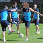 CARLES PUYOL, ayer en el entrenamiento del Barcelona