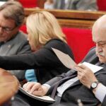 Mas-Colell echa un vistazo a una noticia durante la última sesión de control al Govern