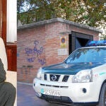 Imagen de archivo del alcalde de Aledo, Simón Alcaraz. A la derecha, un coche de la Guardia Civil ayer, en el momento que abandonaba las dependencias del Palacio San Esteban