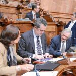 Los tenientes de alcalde, Sònia Recasens y Joaquim Forn, y el alcalde de Barcelona, Xavier Trias
