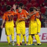Los jugadores del F.C. Barcelona Jordi Alba (2i) y el argentino Lionel Messi (i), celebran el gol marcado por su compañero Cristian Tello al RCD Mallorca