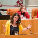 La diputada de Podemos Raquel Romero (c), ha mantenido su bloqueo y ha truncado, con su voto en contra, la investidura en segunda votación de la candidata socialista a la Presidencia del Gobierno riojano, Concha Andreu