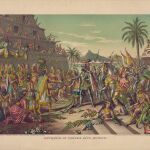 Encuentro de Hernán Cortés y Moctezuma II en un grabado.