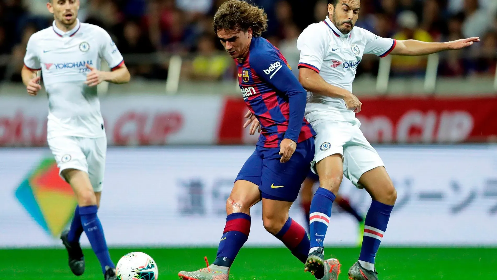 Antoine Griezmann, Pedro y Jorginho en el partido de pretemporada de hoy