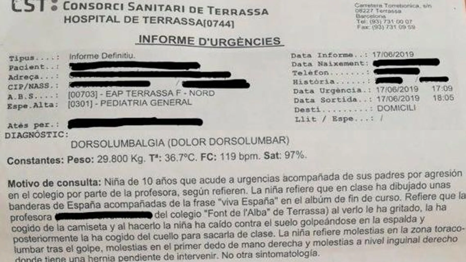 Informe de urgencias de la menor