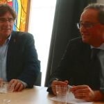 Carles Puigdemont, conversa este viernes con el actual presidente, Quim Torra en Waterloo. EFE/ Aïda Sánchez