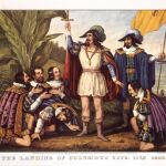Litografía que muestra la llegada de Cristóbal Colón a América.
