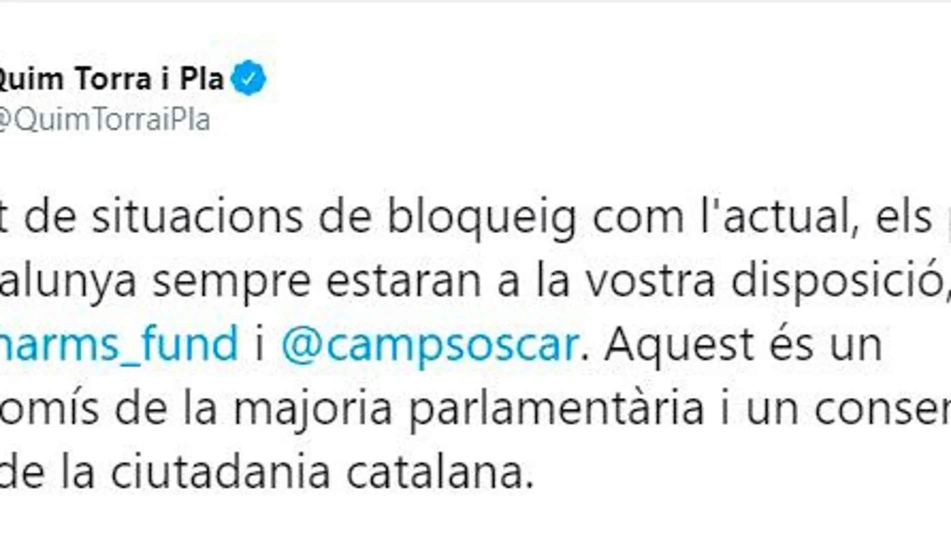 Ofrecimiento de Torra al Open Arms en Twitter