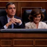 El candidato socialista a la Presidencia, Pedro Sánchez, y la vicepresidenta del Gobierno en funciones, Carmen Calvo / Foto: Ap