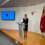 La portavoz del Ejecutivo regional, Ana Martínez Vidal, durante su comparecencia en rueda de prensa para informar de los asuntos tratados en la reunión del Consejo de Gobierno