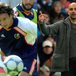 Alfonso Pérez, en una imagen de archivo con la selección, y Guadiola entrenando al Manchester City / Efe