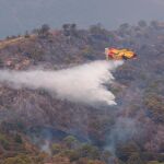 Un avión vertiendo agua sobre la zona forestal en Peñas Blancas de Estepona / Foto: Efe