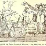 Dibujo de la llegada a Sevilla de los supervivientes de la primera circunnavegación