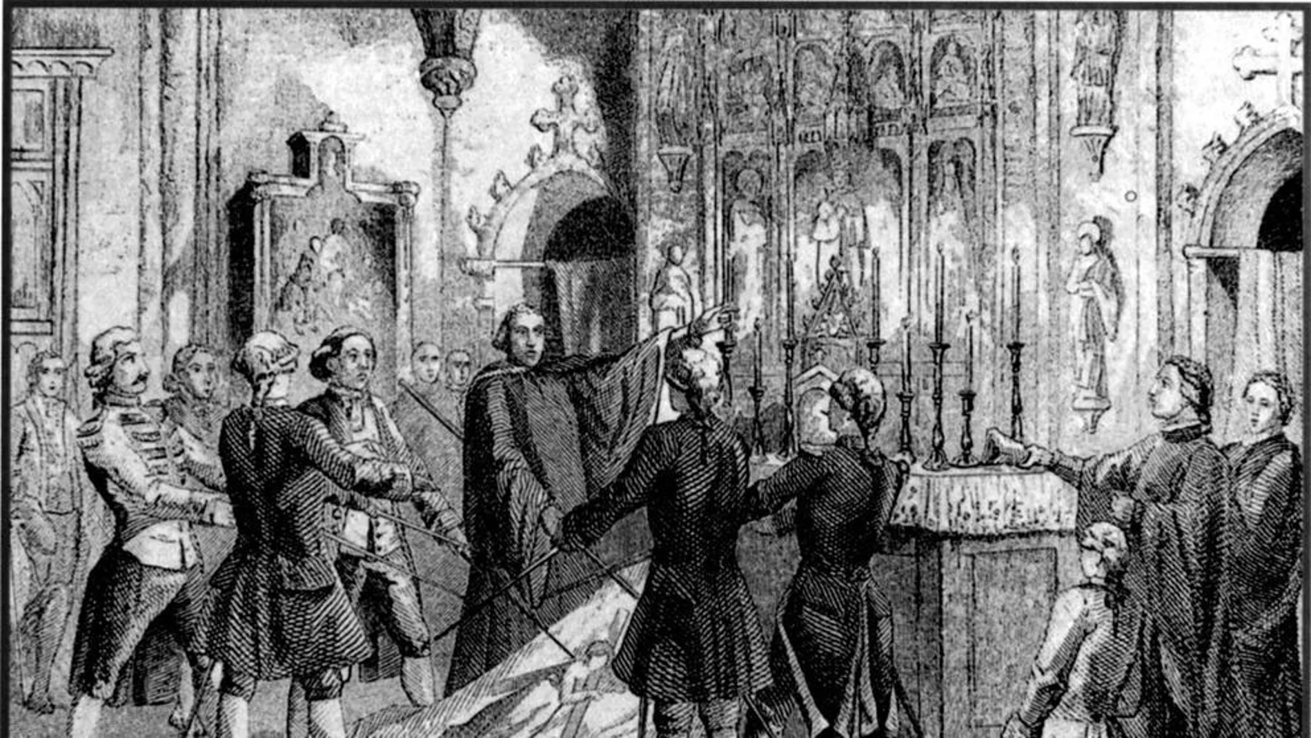 Grabado de 1713 en el que se ve el juramento del conseller en jefe de Barcelona, Rafael Casanova