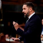 El líder de Vox, Santiago Abascal, durante su intervención en tercera jornada del debate de investidura en el Congreso de los Diputados