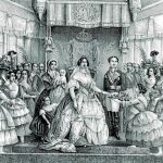 Litografía que recoge la visita a Alicante de la reina Isabel II el 25 de mayo de 1858 con motivo del primer viaje en ferrocarril de la línea con Madrid