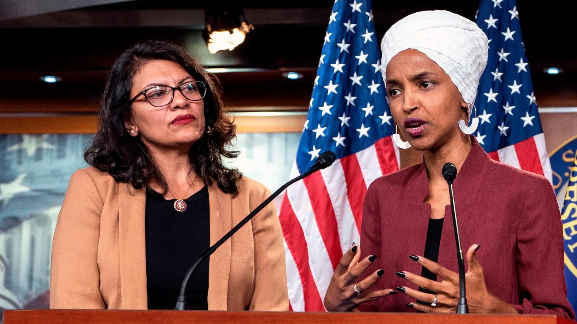 Ilhan Omar y Rashida Tlaib durante una rueda de prensa tras el ataque de Trump/Efe