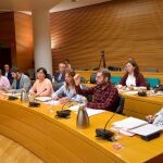 El diputado Salmerón corrige la PNL de Podemos ante la atenta mirada de la diputada Gómez (cuarta por la derecha)