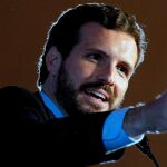 El presidente del PP y candidato a la Presidencia del Gobierno, Pablo Casado durante su intervención en un acto de campaña del Partido Popular / Foto: Ep