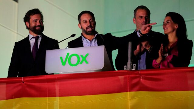 Santiago Abascal celebra el resultado en la sede del partido. Foto: Cipriano Pastrano