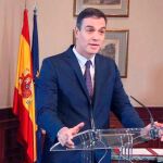 Pedro Sánchez, durante su intervención tras llegar a un acuerdo con Pablo Iglesias. EFE/Paco Campos