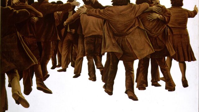 La pintura representa a un grupo de personas que se reencuentran y saludan, fue reproduicida en cartel para Amnistía Internacional