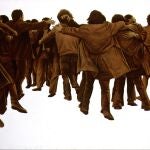 La pintura representa a un grupo de personas que se reencuentran y saludan, fue reproduicida en cartel para Amnistía Internacional