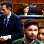 El presidente del Gobierno en funciones, Pedro Sánchez, y el portavoz de ERC, Gabriel Rufián, en el Congreso