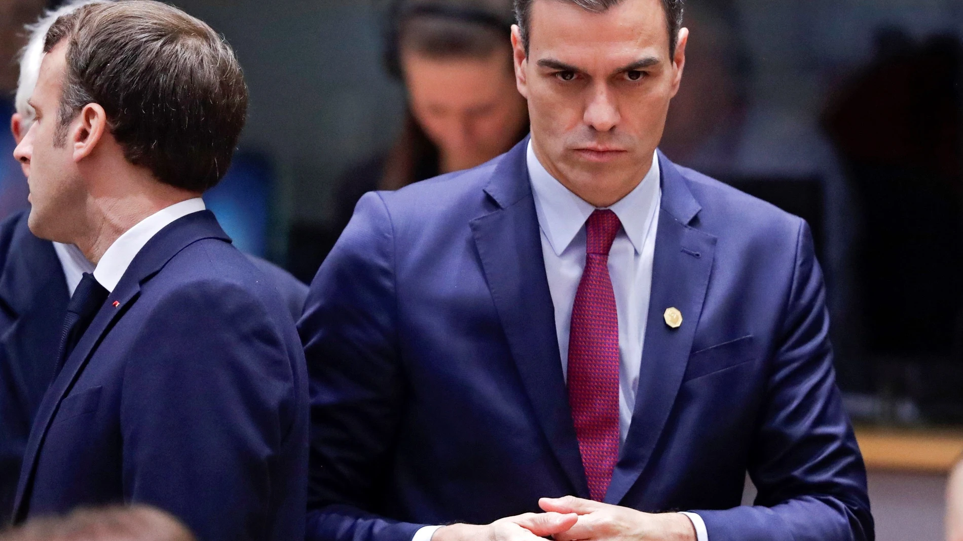 French President Emmanuel Macron (L) and Spanish acting Prime Minister Pedro Sanchez attend during a European Council summit in Brussels, Belgium, 12 December 2019. An European Council meeting will be held in Brussels on 12 and 13 December during which the EU27 leaders among other topics will discuss the Brexit and preparations for the negotiations on future EU-UK relations after the withdrawal as well as a revision of the European Stability Mechanism (ESM) Treaty.
