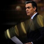 El candidato a presidente del Gobierno, Pedro Sánchez, hoy sábado, en el Congreso de los Diputados durante su intervención en la primera jornada de su investidura como presidente del Gobierno.