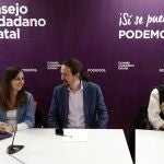 La secretaria de Estado Ione Belarra; el vicepresidente segundo y ministro de Derechos Sociales y Agenda 2030, Pablo Iglesias; y la ministra de Igualdad, Irene Montero, asisten este viernes en Madrid al Consejo Ciudadano de su partido
