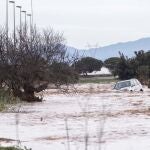 GRAFCVA1312. BALSICAS (MURCIA), 21/01/2020.- Un coche arrastrado por el agua de la rambla de la Maraña de San Javier, tras las intensas lluvias caidas en las últimas horas en el campo de Cartagena. EFE/Marcial Guillén