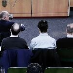 Imagen tomada de un televisor del presidente de La Liga, Javier Tebas, mientras declaraba en el Palacio de Justicia de Navarra