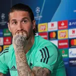 Sergio Ramos durante la rueda de prensa posterior al entrenamiento en Valdebebas.25/02/2020 ONLY FOR USE IN SPAIN