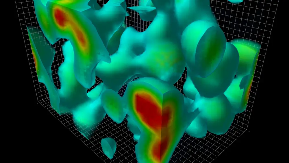 Una representación en 3D de la energía del vacío. En particular, se trata del vacío de la interacción fuerte, que afecta a quarks y gluones. Esta distribución de energía no es estática, sino que está cambiando continuamente, de forma que en promedio se reparte de forma homogénea, pero en un instante dado puede haber más energía concentrada en unos puntos que en otros.