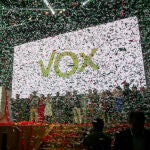 Foto de familia de los cargos de Vox asistentes al acto central de la Asamblea General Ordinaria del partido en el Palacio de Vistalegre