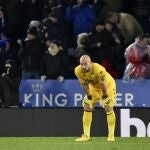 Aston Villa's goalkeeper Pepe Reina reacts after Leicester's Harvey Barnes scored the opening goal during the English Premier League soccer match between Leicester City and Aston Villa at the King Power Stadium, in Leicester, England, Monday, March 9, 2020. (AP Photo/Rui Vieira)