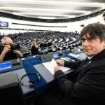 Former members of the Catalan government Toni Comin (R) and Carles Puigdemont (L) wait for their first plenary session as member of the European Parliament in Strasbourg, France, 13 January 2020.