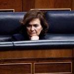 La vicepresidenta del Gobierno, Carmen Calvo, durante su última aparición pública hace una semana en el Congreso