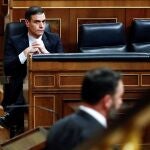 El presidente del Gobierno, Pedro Sánchez, tras una intervención de Santiago Abascal