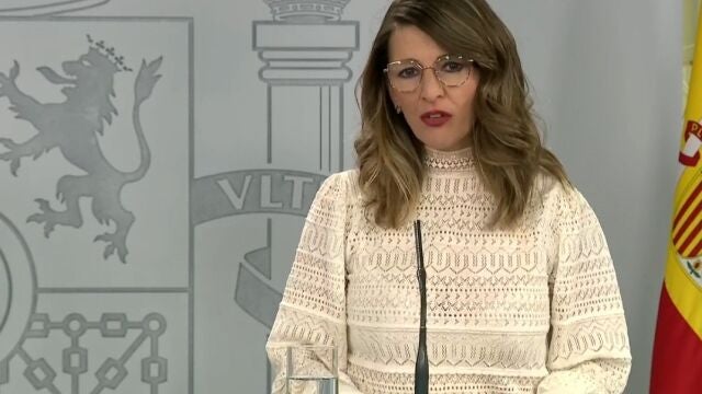 La ministra de Trabajo, Yolanda Díaz, durante una comparecencia para informar de las medidas laborales por la crisis del coronavirus