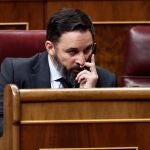 MADRID, 09/04/2020.- El líder de Vox, Santiago Abascal, durante el pleno celebrado este jueves en el Congreso para aprobar una nueva prórroga del estado de alarma, en un debate en el que también se abordará la nueva fase que se abrirá en las próximas semanas con el levantamiento progresivo de las restricciones a la movilidad por el coronavirus. EFE/Mariscal POOL