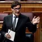 El ministro de Sanidad, Salvador Illa, durante el pleno celebrado este miércoles en el Congreso, donde el gobierno expone los resultados de los últimos consejos europeos y los motivos por los que solicita una nueva prórroga del estado de alarma. EFE/Mariscal POOL