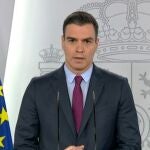 Pedro Sánchez, durante la rueda de prensa telemática ofrecida este martes, cuadragésimo quinto día del estado de alarma por el coronavirus.