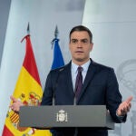 El presidente del Gobierno, Pedro Sánchez, durante una comparecencia desde La Moncloa