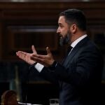 El líder de Vox, Santiago Abascal, durante su intervención en el pleno del Congreso este miércoles donde se autorizará otra prórroga del estado de alarma solicitada por el Gobierno. En Madrid, (España), a 6 de mayo de 2020.06 MAYO 2020;CONGRESO;PLENO;PRORROGA;COVID;CORONAVIRUSPool06/05/2020